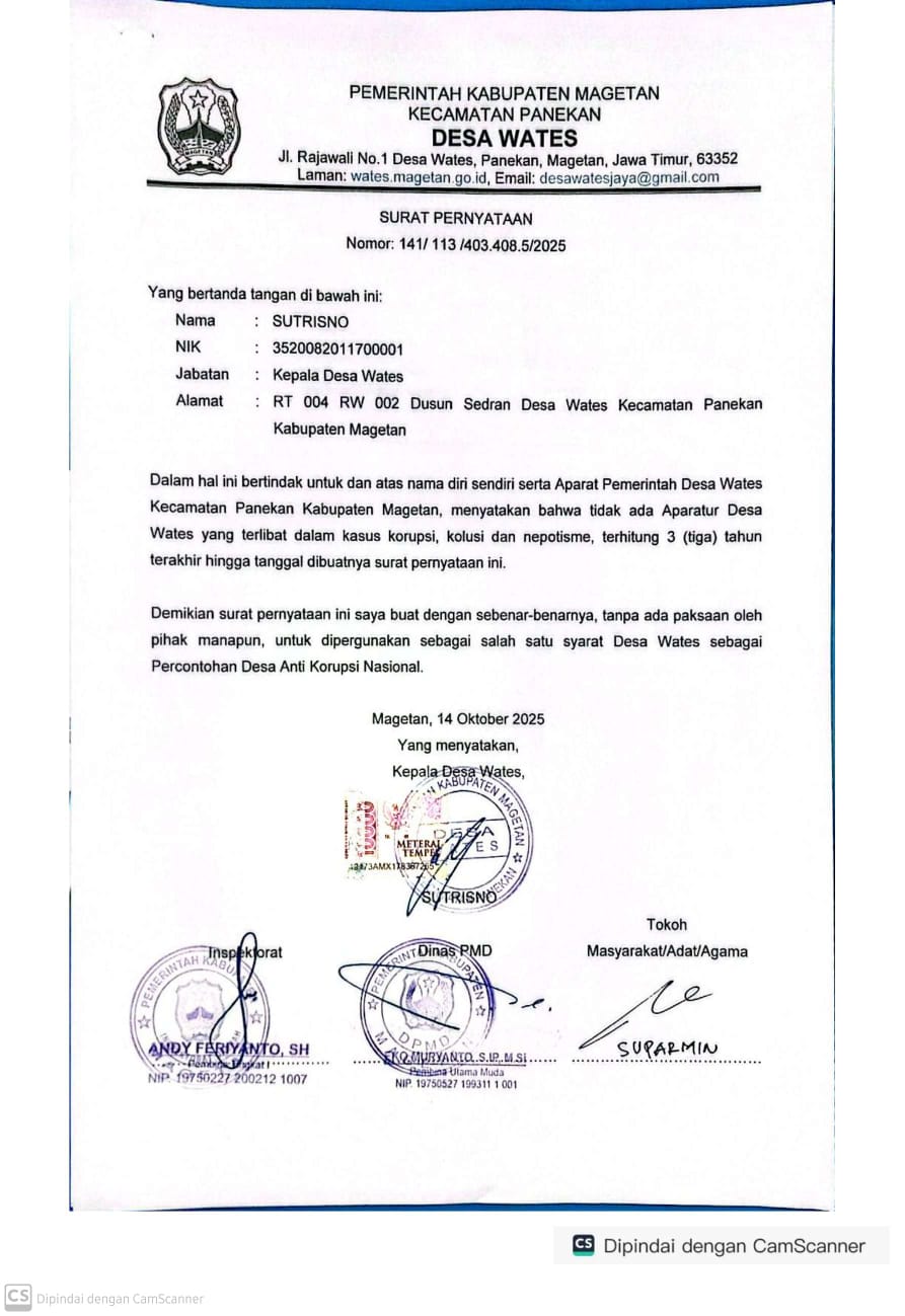 Surat Pernyataan tidak ada Aparatur Desa Wates yang terlibat dalam kasus korupsi, kolusi dan nepotisme, terhitung 3 (tiga) tahun terakhir