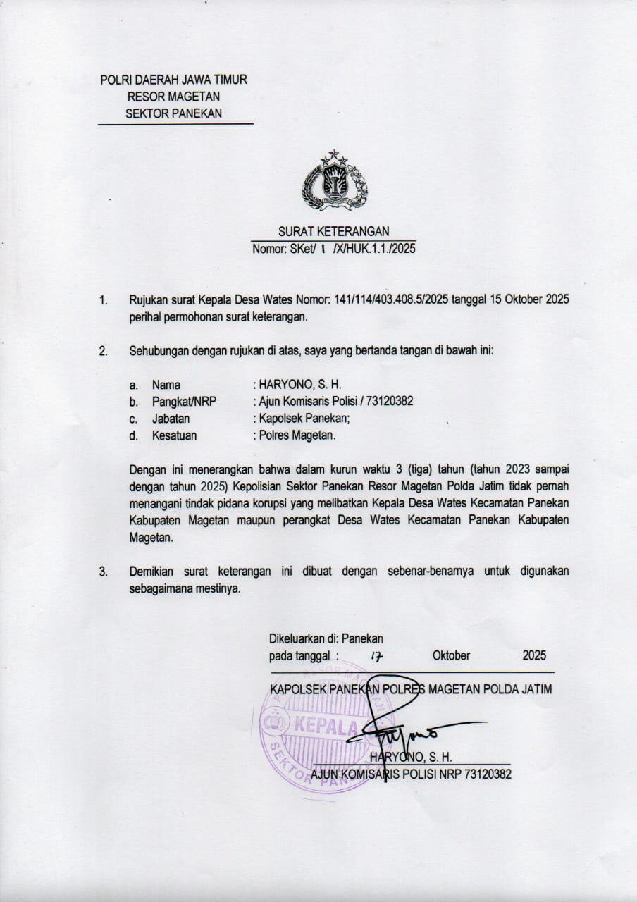 SURAT KETERANG DARI KAPOLSEK BAHWA DALAM 3 TAHUN TERAKHIR TIDAK ADA APARATUS DESA YANG TERLIBAT KASUS KORUPSI
