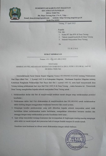 HIMBAUAN PENYELENGGARAAN KEGIATAN IDUL FITRI 1 SYAWAL 1443 H DI DESA TERUNG